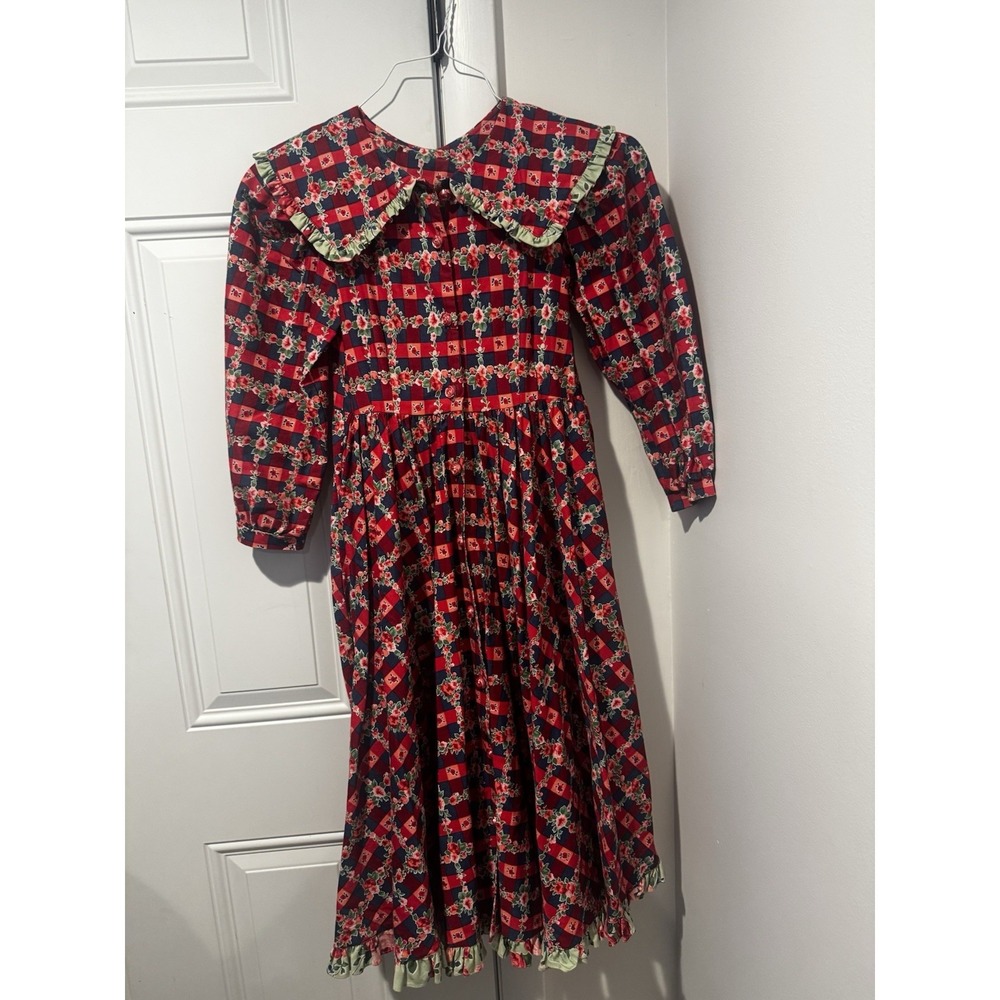 Vintage Mousefeathers Girls Red Plaid Floral LS Dress Sz 10 CottageCore 90s
